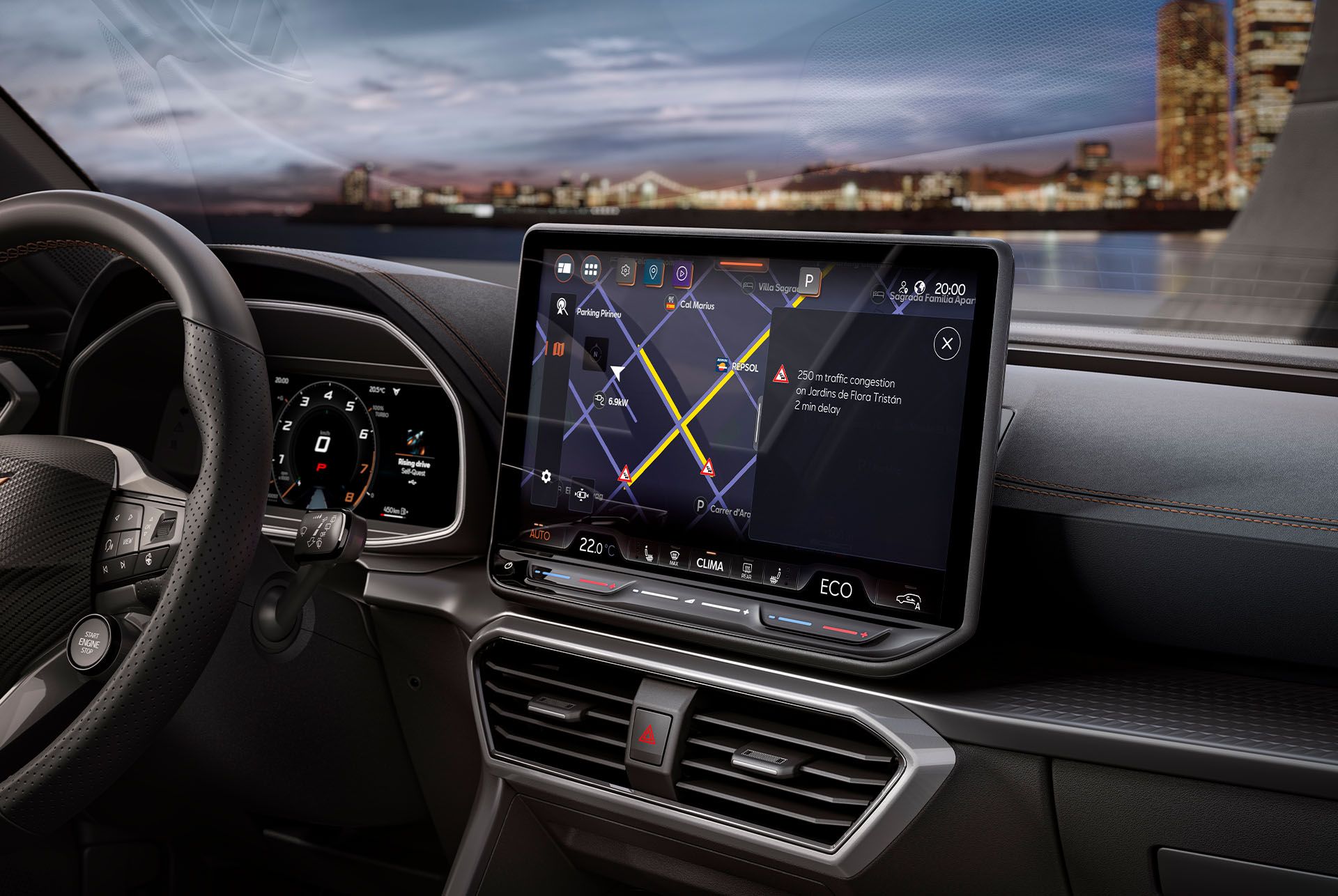 Cockpitansicht mit Fokus auf das Infotainmentsystem des CUPRA Leon.